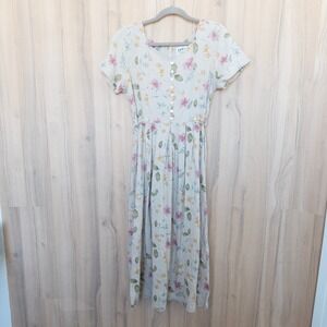 VTG Erika Womens Linen Dress Sz M Beige Floral Button Front Cottage Prairie Farm